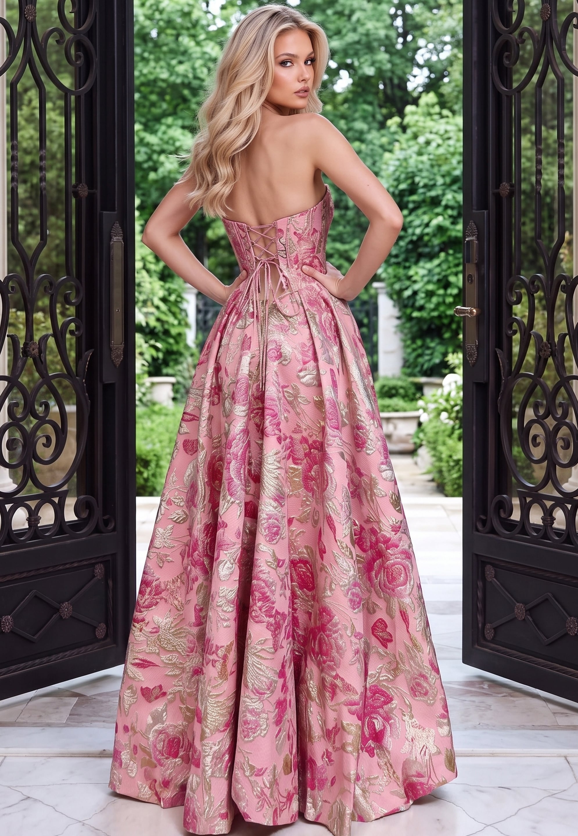 Back view of pink floral jacquard ball gown 53485 showing the lace up corset back and sweeping skirt
