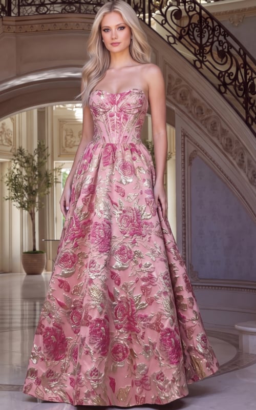 Pink floral metallic jacquard ball gown with strapless sweetheart corset bodice and full pleated skirt