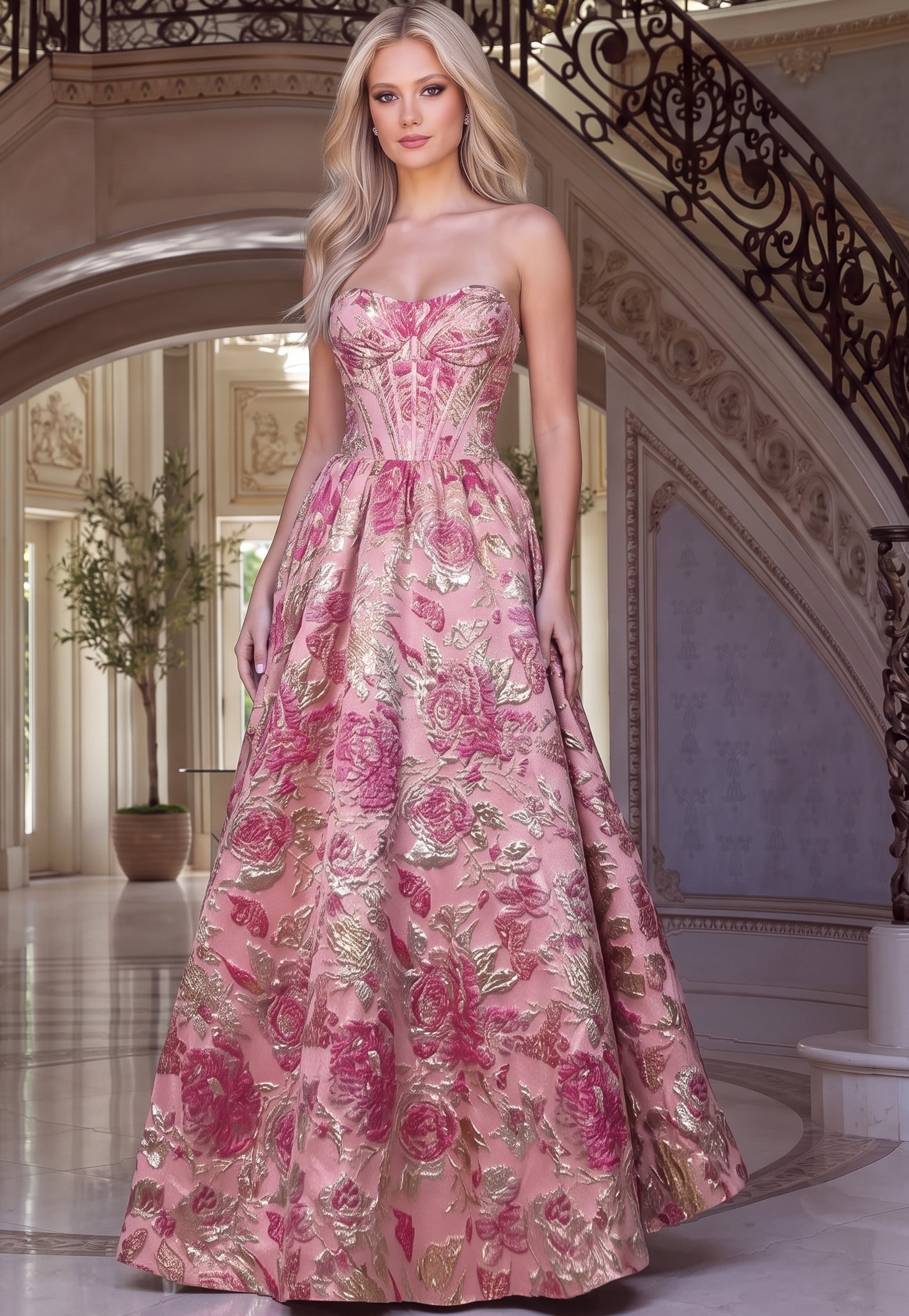 Pink floral metallic jacquard ball gown with strapless sweetheart corset bodice and full pleated skirt