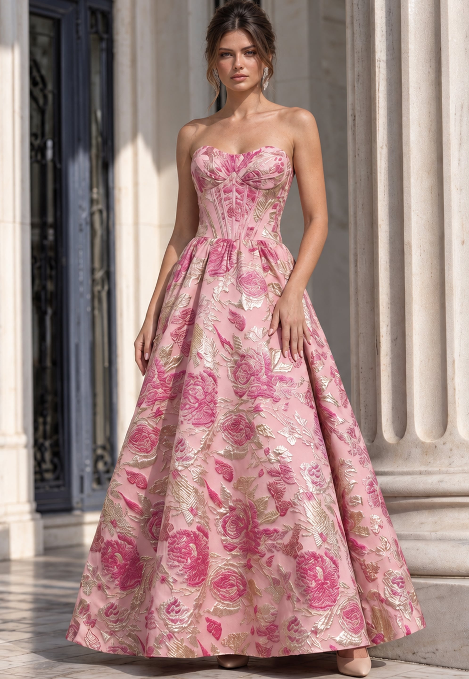 Pink and gold rose brocade strapless corset gown 53485 shown front on with a full A line skirt