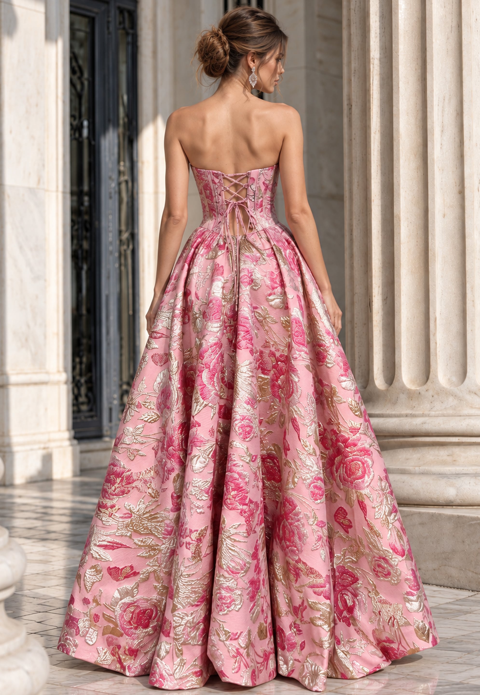 Rear view of the pink metallic floral ball gown 53485 showing the corset lacing and pleated train