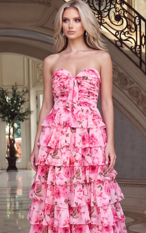 strapless ruched bodice on pink floral print gown