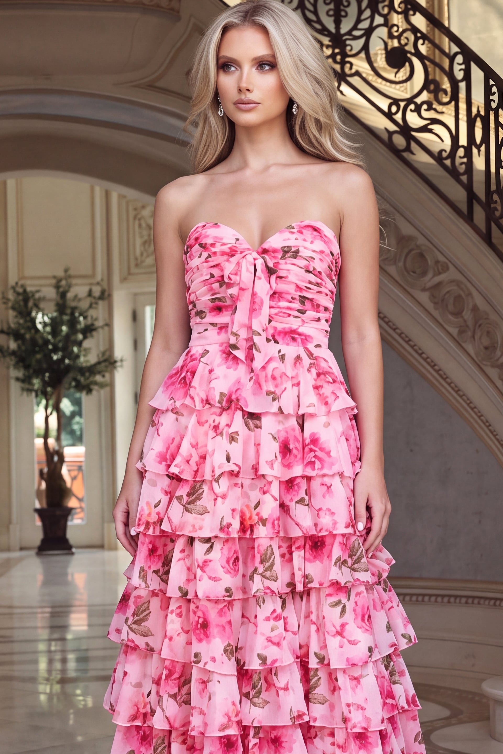 strapless ruched bodice on pink floral print gown