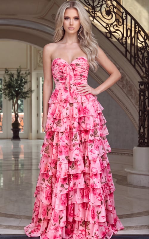 pink floral print chiffon gown with tiered ruffle skirt