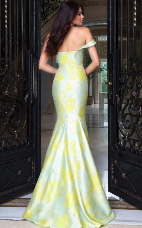 Yellow and mint floral jacquard one-shoulder mermaid gown, back view