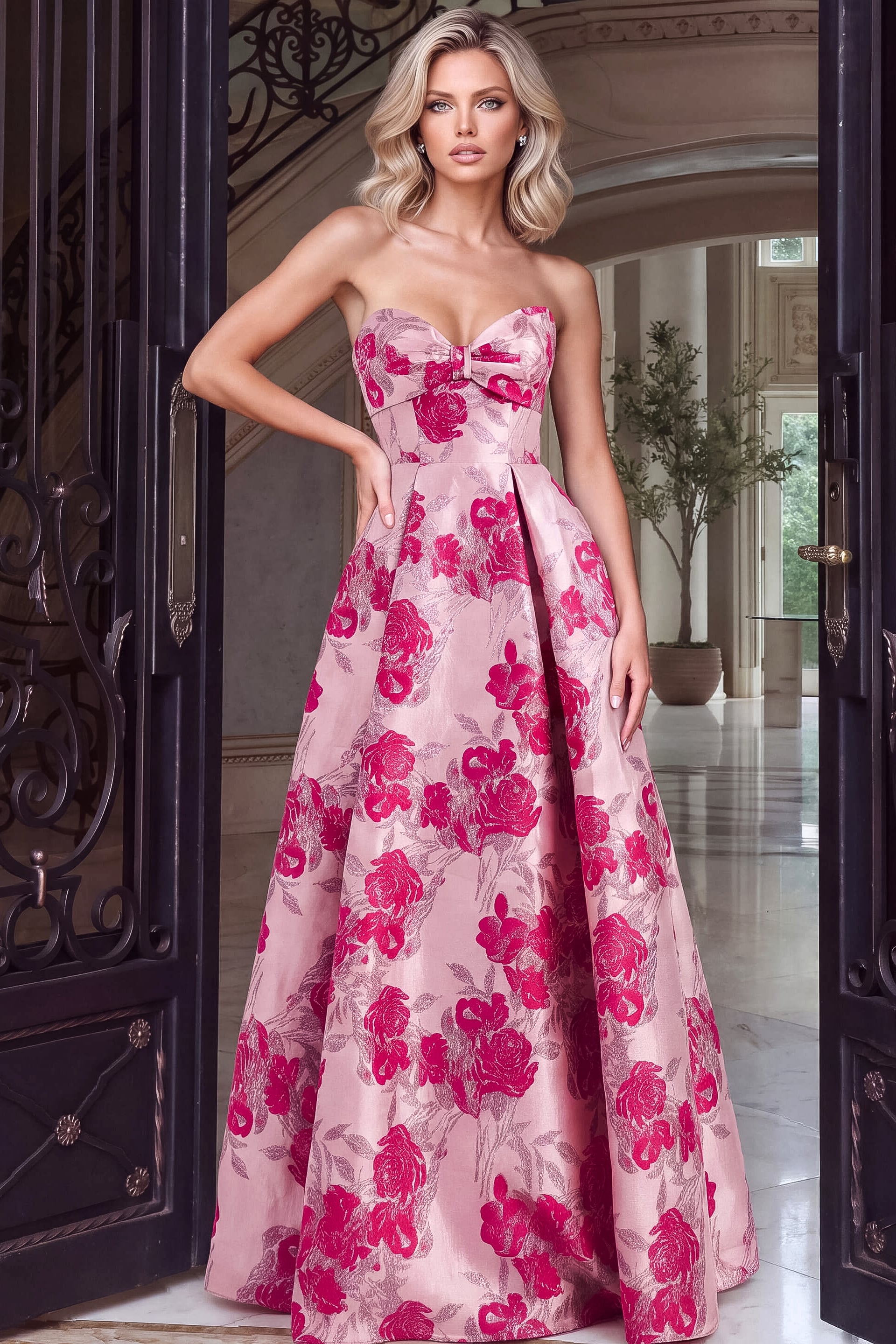 Sweetheart bow bodice on a strapless pink jacquard ballgown with a pleated rose-patterned skirt