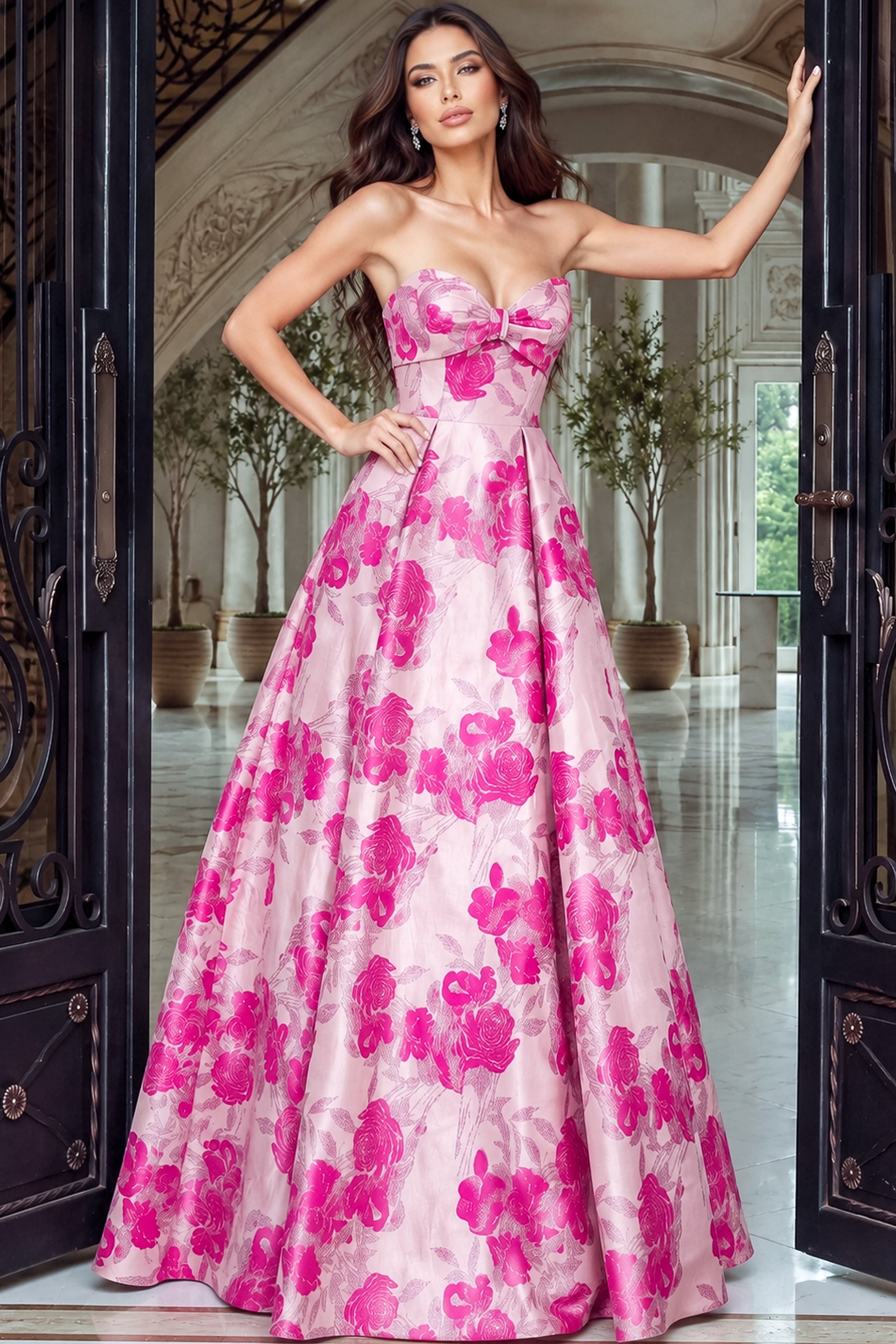 Fuchsia rose jacquard ballgown with strapless sweetheart neckline, centre bow and pleated full skirt