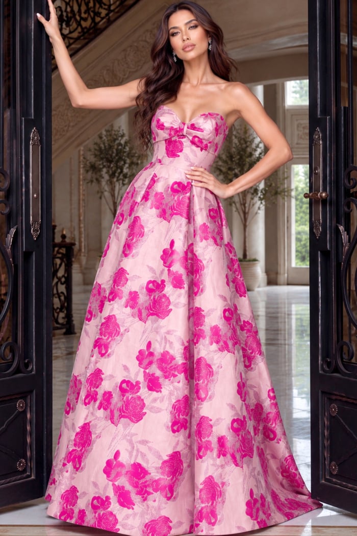 Bright fuchsia floral jacquard ballgown, strapless bow bodice and voluminous skirt sweeping the floor