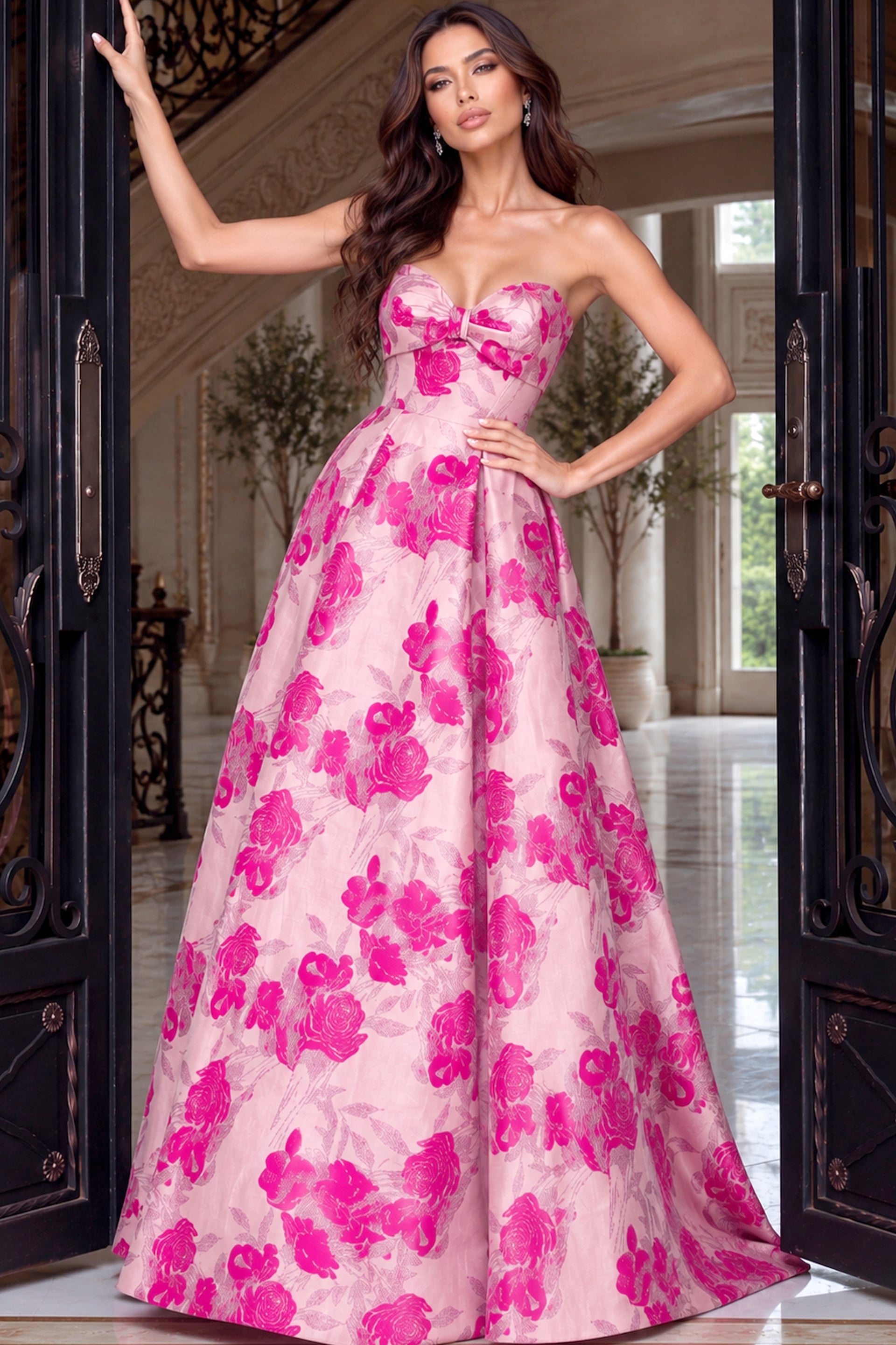 Bright fuchsia floral jacquard ballgown, strapless bow bodice and voluminous skirt sweeping the floor