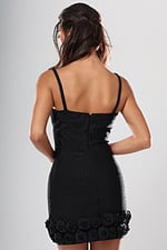 back view of black bandage fitted short homecoming dress with sweetheart neckline, thin straps and 3D rosette hem, Jovani style 53516