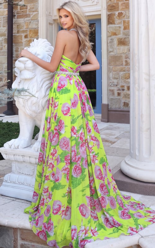 back of green multi floral dress 53544