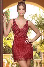parkling red homecoming dress with layered fringe and sleeveless design, modern evening style