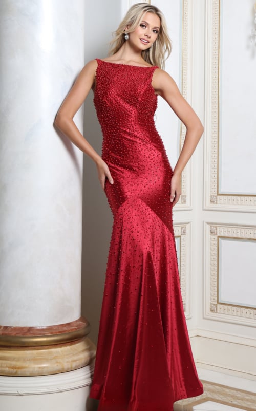 Red beaded trumpet gown with high bateau neckline and fitted skirt, front view