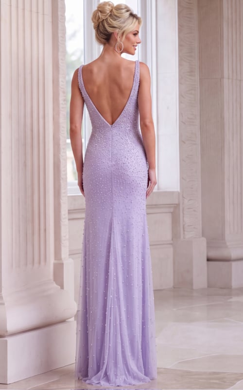 Back view of Jovani 53578 lilac beaded gown featuring a dramatic low V-back.