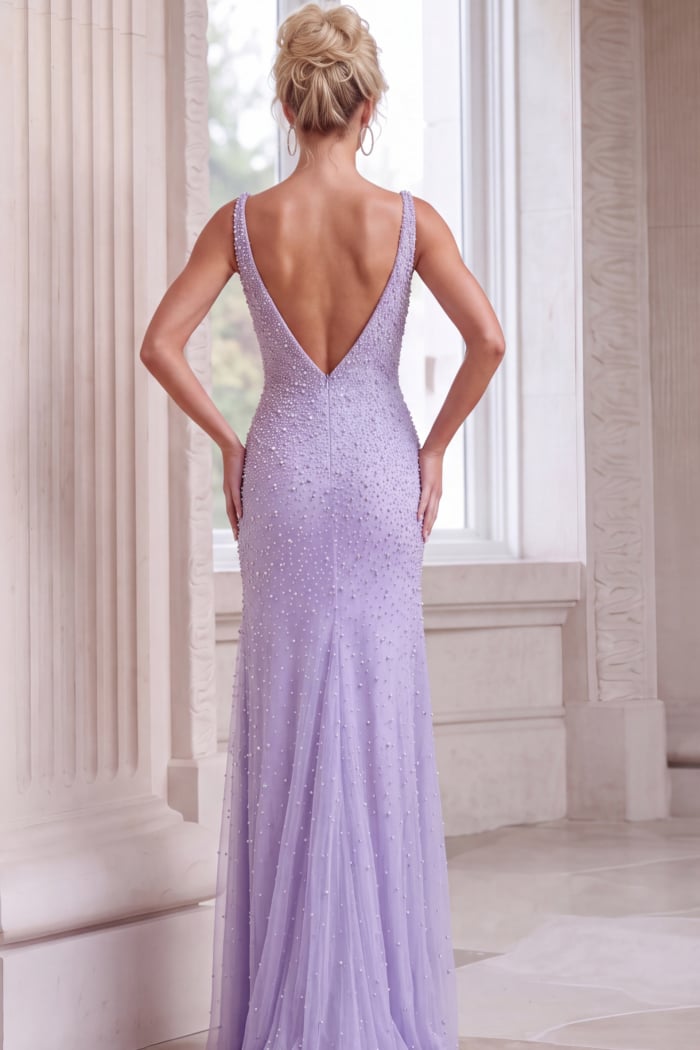 Lilac floor-length formal gown with all-over crystal beadwork and plunging V-back.