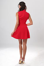 back view of red crepe sleeveless A-line short dress with high neckline and gold button front, Jovani style 53632