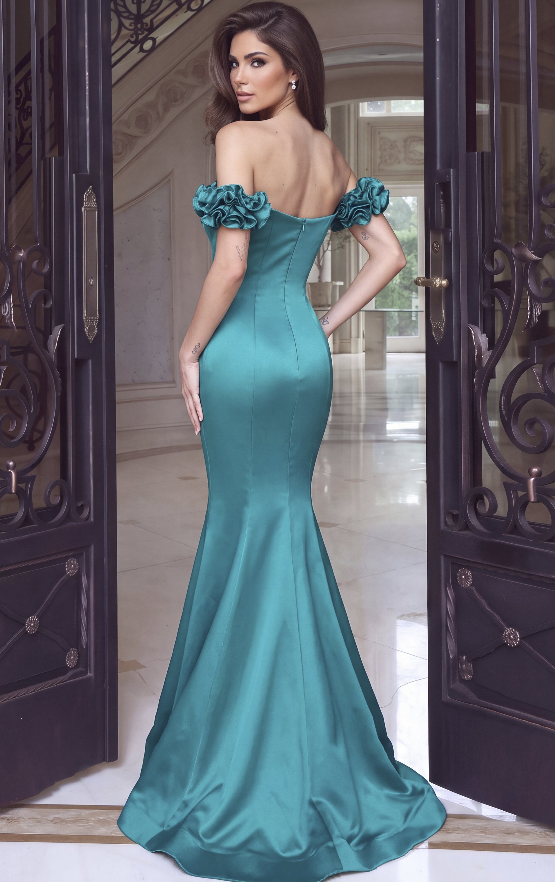 teal Jovani 53638 Back, shoulder ruffles