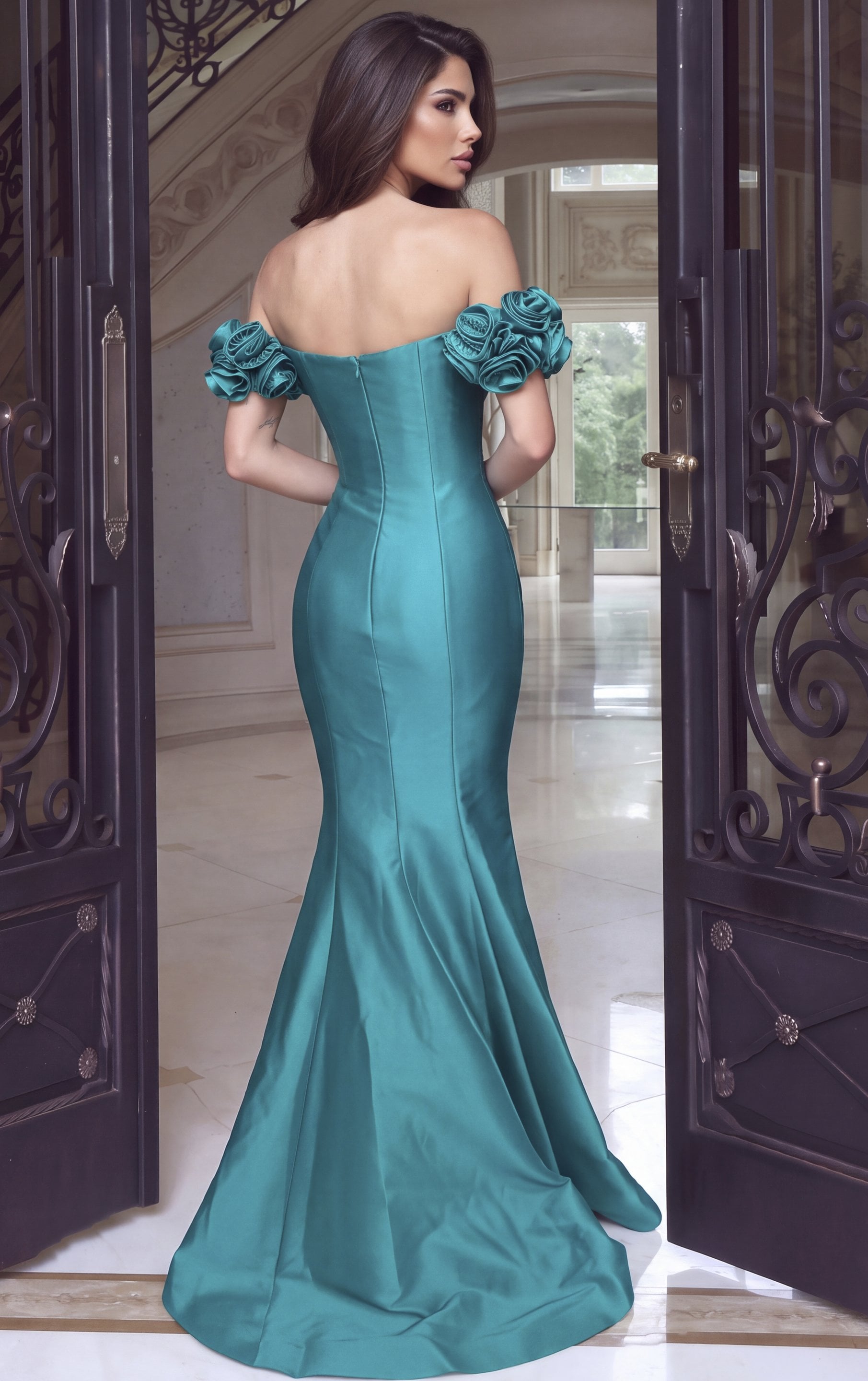 teal Jovani 53638 back view, floral shoulders