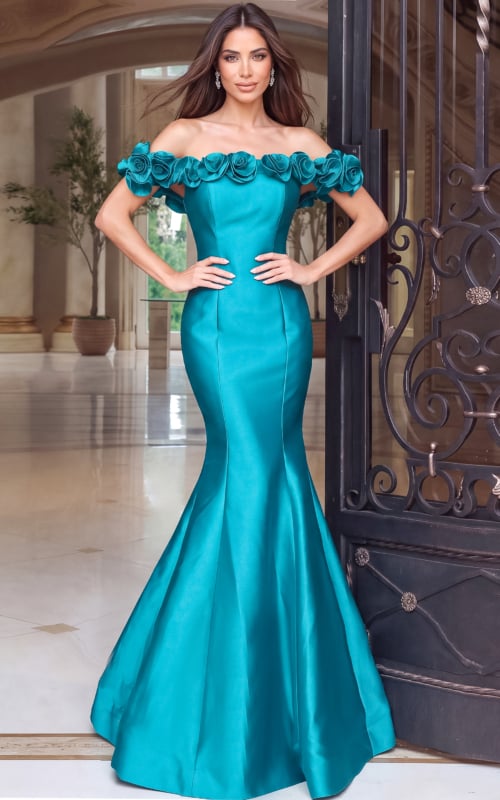 eal off-shoulder rosettes evening gown style 53638 - front full body
