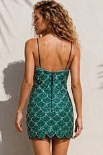 Navy blue beaded mini dress with scalloped silver bead pattern and thin straps