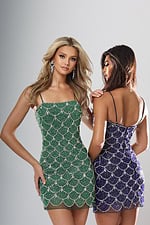 Jovani style 53644 scalloped sequin fitted short homecoming dress with straight neckline and thin straps, front view
