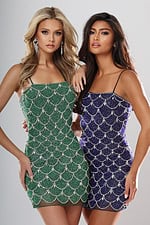 back view of scalloped sequin fitted short homecoming dress with straight neckline and thin straps, Jovani style 53644