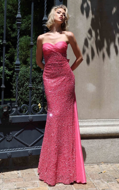 hot pink sequin strapless gown with sweetheart bodice