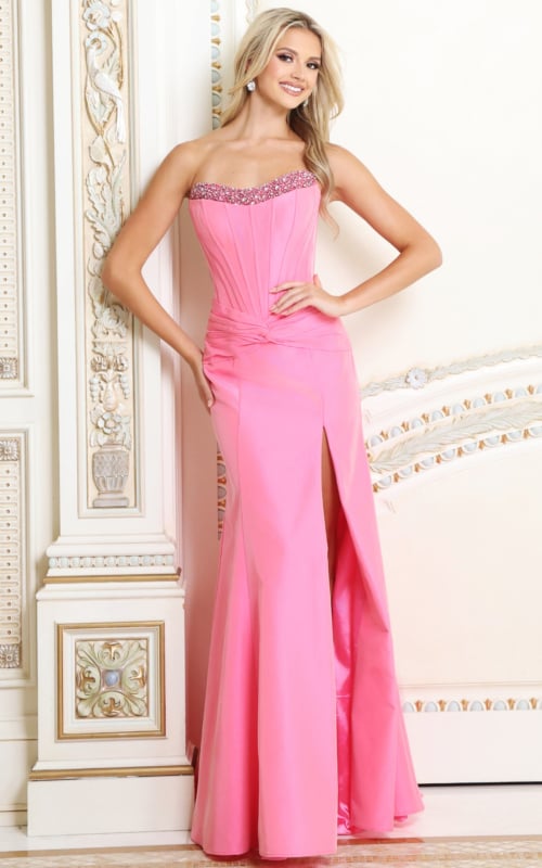 Pink satin strapless gown with beaded neckline trim and high slit, front view
