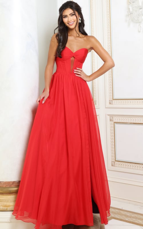 Red chiffon strapless gown with twist front bodice and keyhole cutout, front view