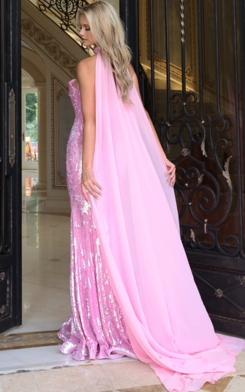 Side back view of light pink sequin gown showing chiffon cape and sweep train