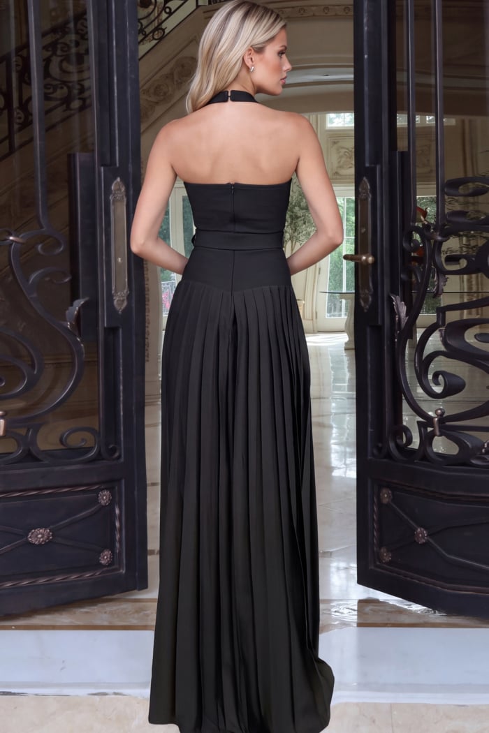 pleated open back halter wedding guest dress 53727