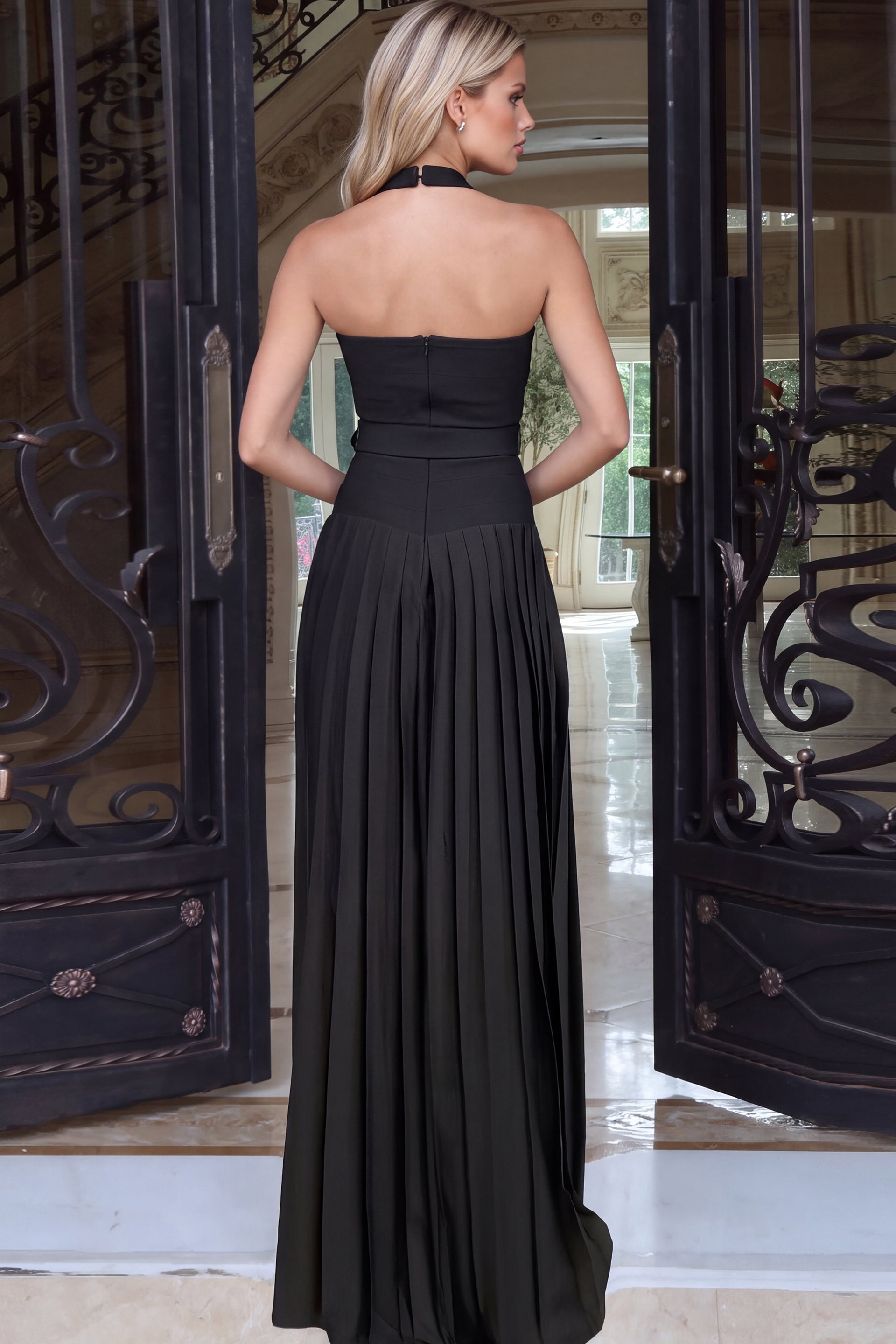 pleated open back halter wedding guest dress 53727
