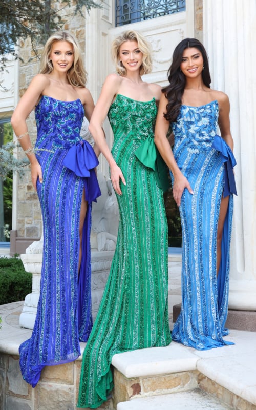 green and blue strapless high slit beaded dresses 53736