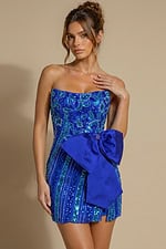 royal blue sequin strapless mini dress with embroidered detailing and oversized side bow