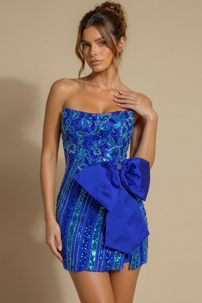 royal blue sequin strapless mini dress with embroidered detailing and oversized side bow