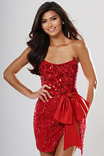 Jovani style 53737 red sequin embroidered strapless short homecoming dress with straight neckline and satin bow side, front view