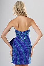 back view of royal blue multicolor sequin embroidered strapless short homecoming dress with straight neckline and satin bow side, Jovani style 53737