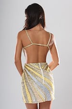 back view of ivory swirl sequin short homecoming dress with plunging V neckline, spaghetti straps and side cutouts, Jovani style 53768