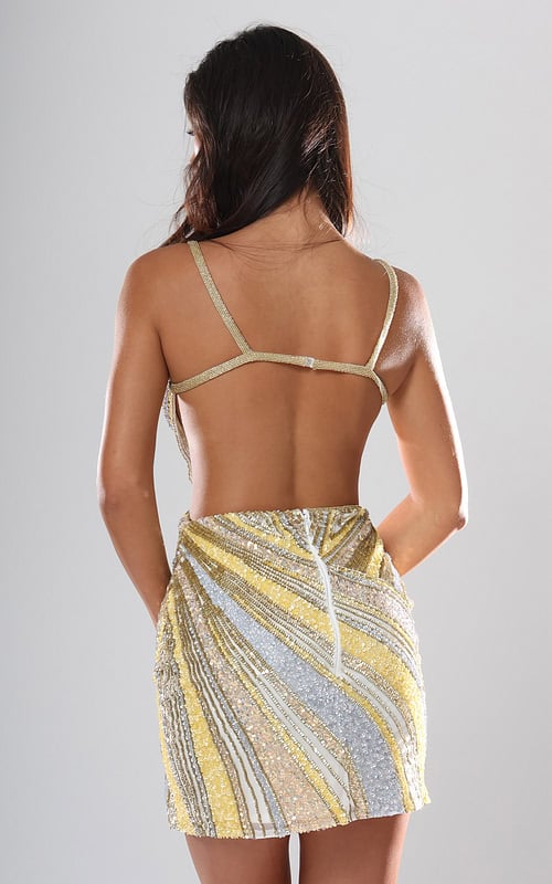 back view of ivory swirl sequin short homecoming dress with plunging V neckline, spaghetti straps and side cutouts, Jovani style 53768