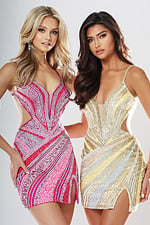 Jovani style 53768 magenta swirl sequin short homecoming dress with plunging V neckline, spaghetti straps and side cutouts, front view