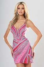 back view of magenta swirl sequin short homecoming dress with plunging V neckline, spaghetti straps and side cutouts, Jovani style 53768