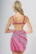 Jovani style 53768 magenta swirl sequin short homecoming dress with plunging V neckline, spaghetti straps and side cutouts, front view