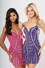 Jovani 53769 fuchsia and purple swirl sequin strapless short homecoming dresses with plunging sweetheart neckline, front view