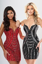 Jovani 53769 back view of fuchsia and purple swirl sequin strapless short homecoming dresses with plunging sweetheart neckline