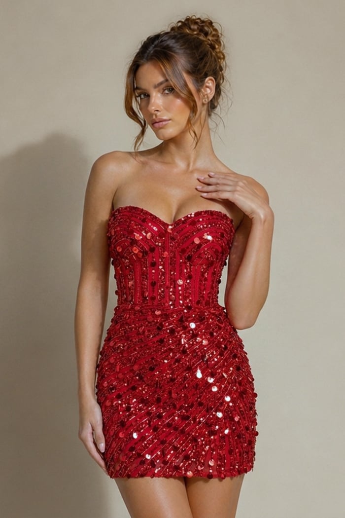 Jovani 53770 Red Sequin Strapless Dress Full View