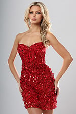 Jovani style 53770 paillette sequin strapless corset short homecoming dress with sweetheart neckline and sheer boned bodice, front view