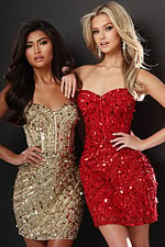 Jovani style 53770 paillette sequin strapless corset short homecoming dress with sweetheart neckline and sheer boned bodice, front view