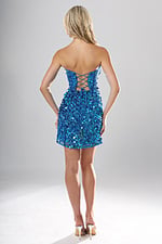 Jovani style 53770 peacock blue paillette sequin strapless corset short homecoming dress with sweetheart neckline and sheer boned bodice, front view