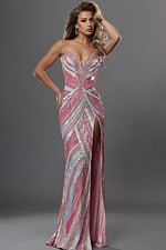 blush pink sheath long dress with strapless plunging v neckline sequin stripes high slit