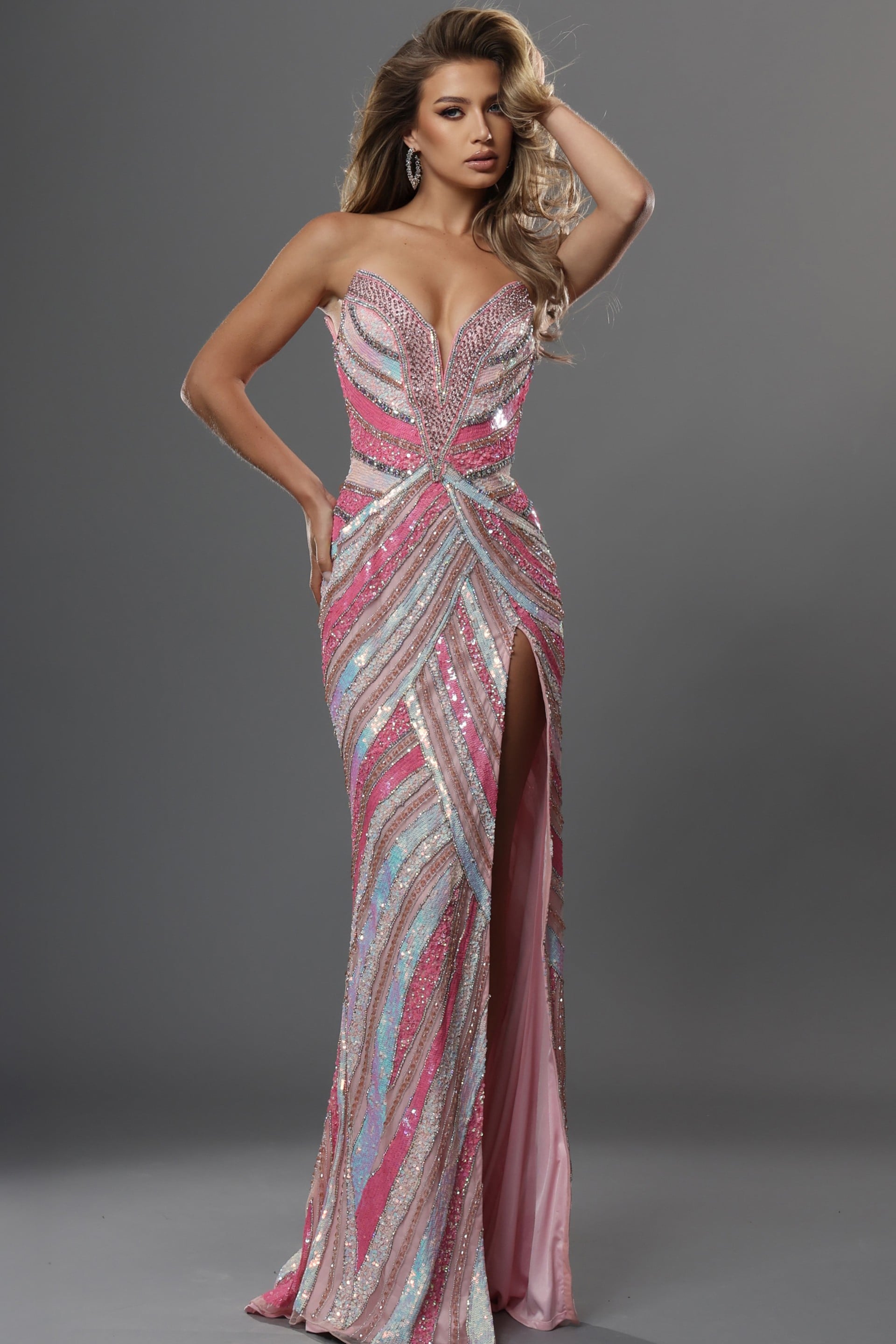 53775_1 blush pink sheath long dress with strapless plunging v neckline sequin stripes high slit